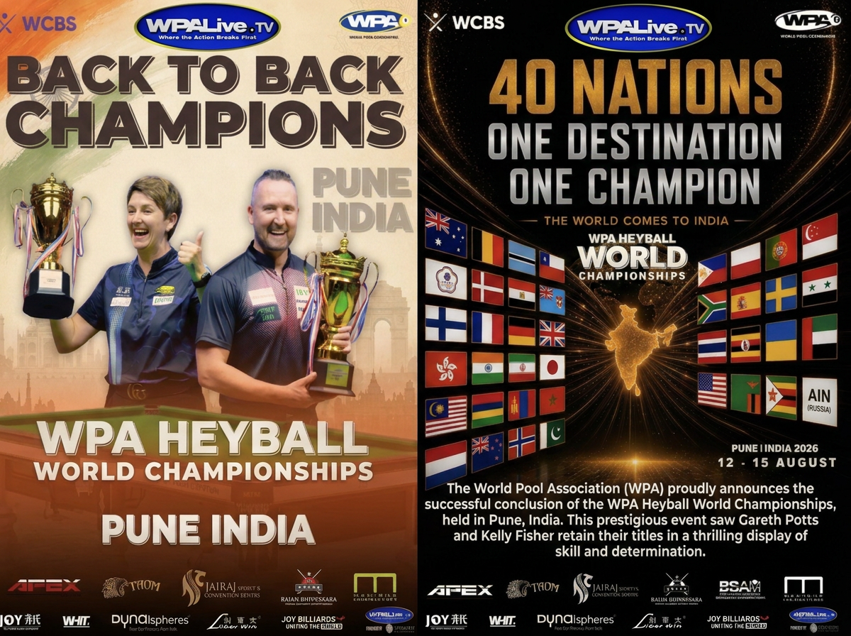 CuePoint billiards news cover image for Potts and Fisher Secure Historic Double at 2026 WPA Heyball World Championships